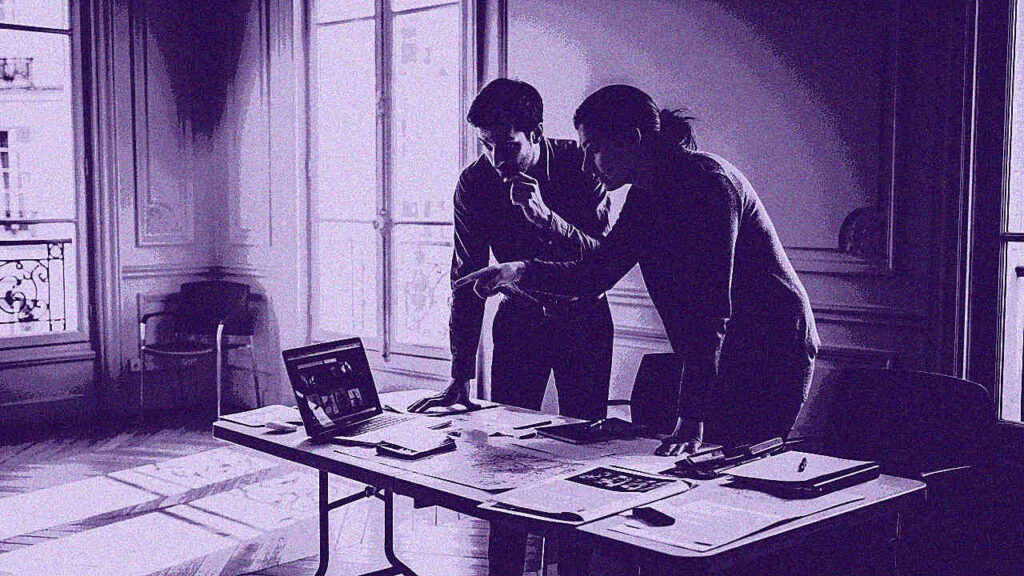Decarbonization strategy: production coordinators planning at a Parisian film location office