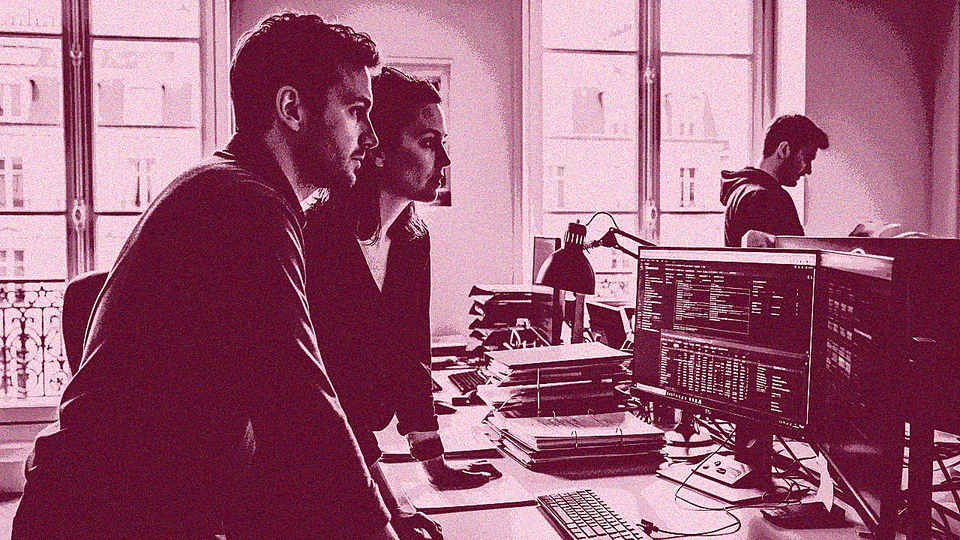 Sustainability software selection: production team reviewing carbon tracking data in a Paris office